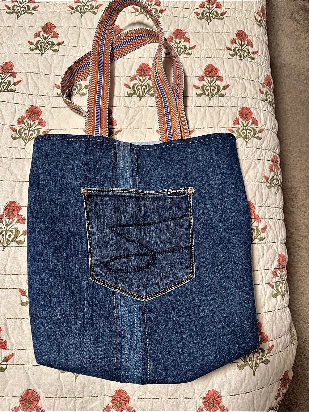 Denim Tote Bag in Blue & Orange Like New